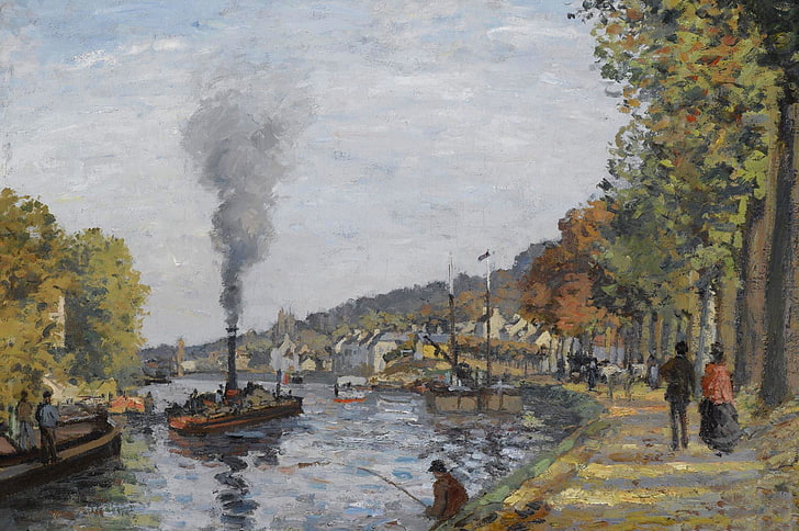 river, smoke, ship, fisherman, steamer, Camille Pissarro, The Seine at Bougival, HD wallpaper