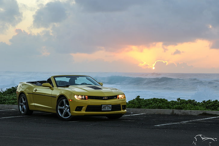Chevrolet, Chevrolet Camaro Bumblebee, Chevrolet Camaro SS, yellow, Hawaii, sunset, sea, beach, sky, HD wallpaper
