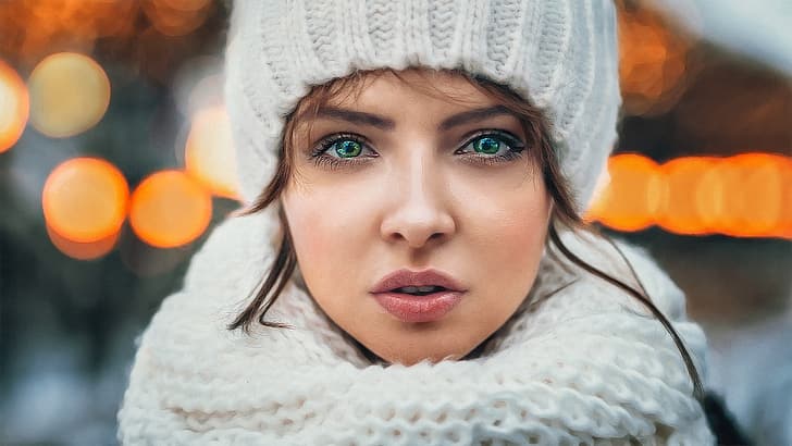 winter, eyes, look, girl, hat, portrait, scarf, cold, bokeh, photos picture, HD wallpaper
