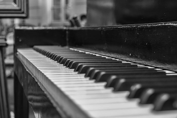 черно и бяло, дълбочина на рязкост, музикален инструмент, пиано, клавиши за пиано, HD тапет