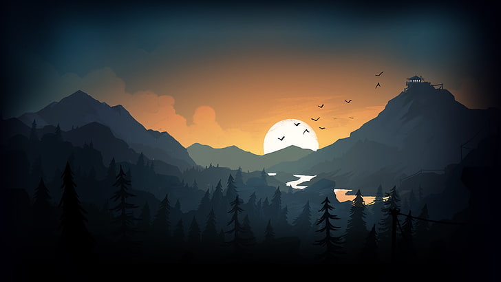 ilustrasi matahari dan gunung, menggambar, malam, matahari, pohon, gunung, rumah, burung, danau, firewatch, Wallpaper HD