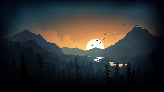 sun and mountain illustration, drawing, evening, Sun, trees, mountains, house, birds, lake, Firewatch, HD wallpaper HD wallpaper