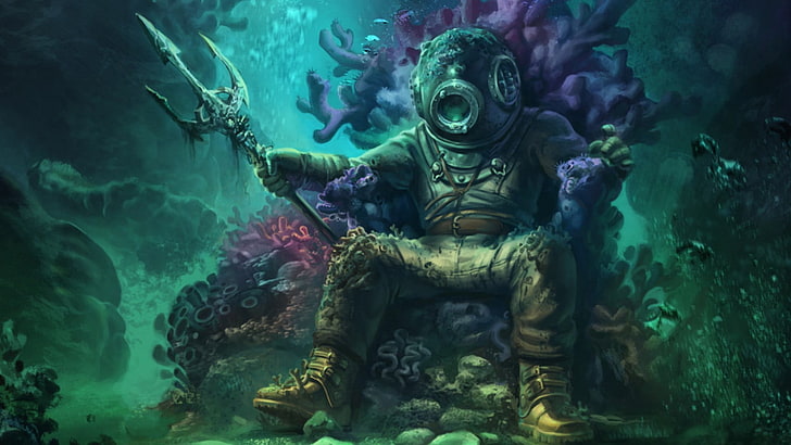 ビデオゲームのキャラクターイラスト、水、海、ダイバー、サンゴ、 HDデスクトップの壁紙