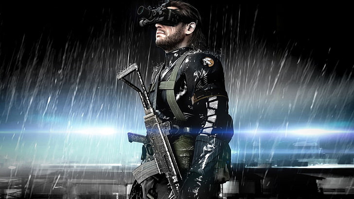 uomo corazzato con sfondo grafico portata e fucile, videogiochi, Metal Gear Solid V: Ground Zeroes, Solid Snake, Metal Gear Solid, Sfondo HD