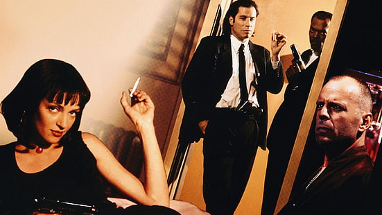 Bruce Willis, John Travolta, film, Pulp Fiction, samuel l jackson, Uma Thurman, Wallpaper HD HD wallpaper
