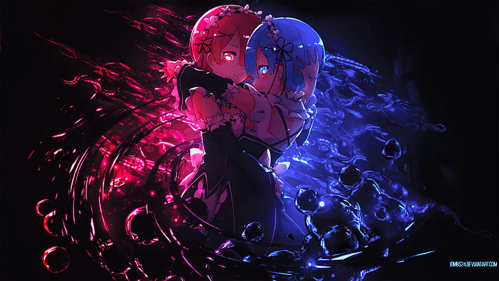 Anime, Re:ZERO -Starting Life in Another World-, Girl, Glow, Hug, Ram (Re:ZERO), Re:Zero, Rem (Re:ZERO), Smile, HD wallpaper