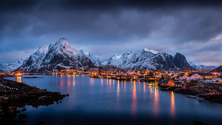 ロフォーテン諸島ノルウェーヨーロッパの冬の朝の光の風景のデスクトップのHDの壁紙は、PCタブレットとモバイル3840×2160用、 HDデスクトップの壁紙
