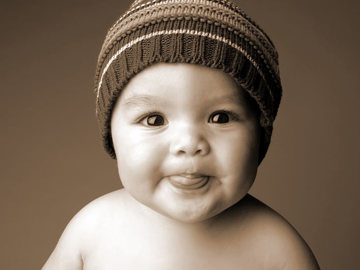 baby's knit hat, baby, face, smile, tongue, hat, HD wallpaper