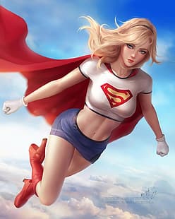 Blondynki Też Grają, dibujo, DC Comics, mujeres, Supergirl, voladora, rubia, capa, tacones altos, guantes, cielo, ojos azules, nubes, Fondo de pantalla HD HD wallpaper
