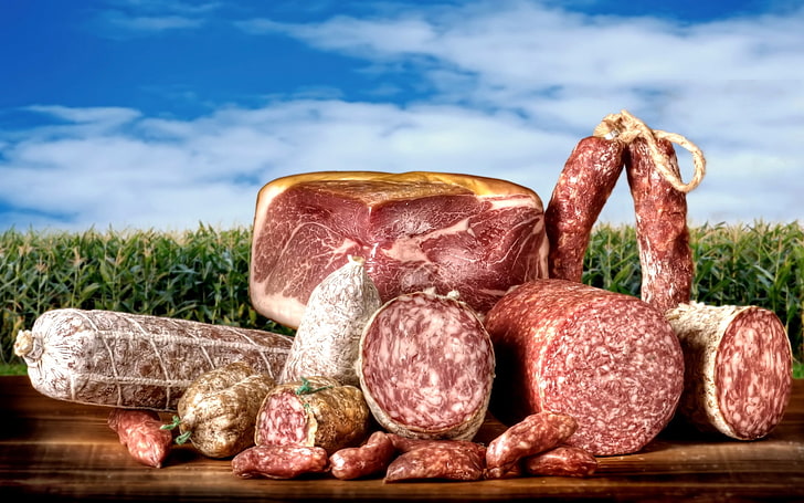 raw meats, sausage, smoked, much, variety, HD wallpaper
