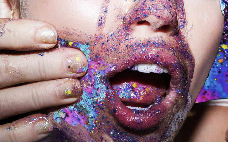 Miley Cyrus, penuh warna, kilau, sampul album, bibir yang berair, Wallpaper HD