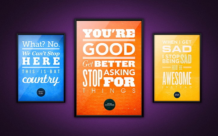 three assorted quote illustrations, labels, pictures, words, quotes, 2560x1600, letterings, HD wallpaper