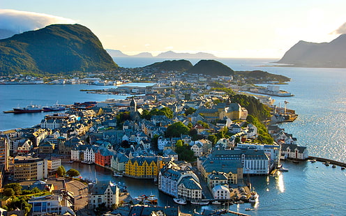 Norwegia, miasto, architektura, domy, góry, drzewa, morze, Norwegia, miasto, architektura, domy, góry, drzewa, morze, Tapety HD HD wallpaper