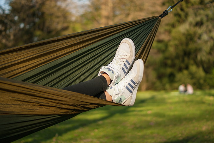 white-and-blue adidas sneakers, hammock, legs, sneakers, rest, HD wallpaper