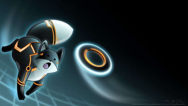 black and white cat illustration, Light Disk, Fan-Art, Stupid Fox, Tron: Legacy, HD wallpaper