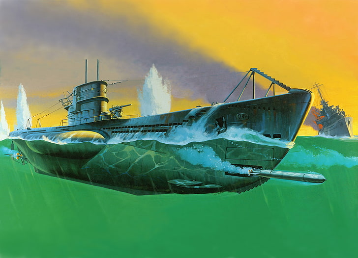 navio de guerra cinza, militar, submarino, trabalho artístico, vista dividida, torpedo, HD papel de parede
