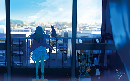 град, аниме момичета, оригинални герои, котка, прозорец, балкон, небе, аниме, HD тапет HD wallpaper