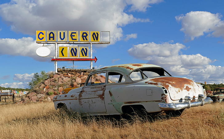 Cavern inn signage, Oldsmobile, Route 66, Cavern, signage, USA, Cars, Old, Lumix FZ1000, Rust, Abandoned, Arizona, Inn, Grand canyon, geo tagged, flickr, lover, photos, Panasonic, car, rusty, old-fashioned, HD wallpaper