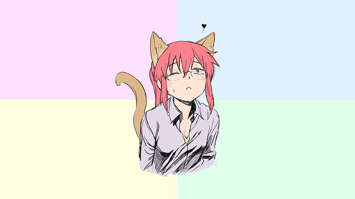 Kobayashi-san Chi no Maid Dragon, Kobayashi (Kobayashi-san Chi no Maid Dragon), simple background, cat ears, cat tail, HD wallpaper