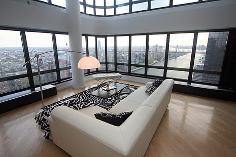 белый секционный диван, дизайн, стиль, интерьер, пентхаус, мегаполис, городская квартира, HD обои HD wallpaper