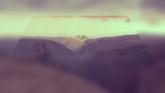 formations rocheuses brunes, Illuminati, triangle, montagnes, flou de mouvement, Fond d'écran HD HD wallpaper