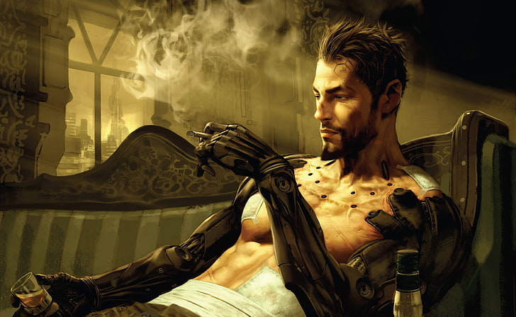Deus Ex Human Revolution, мъж, който пуши цигара дигитален тапет, игри, Deus Ex, човешка революция, deus ex човешка революция, HD тапет