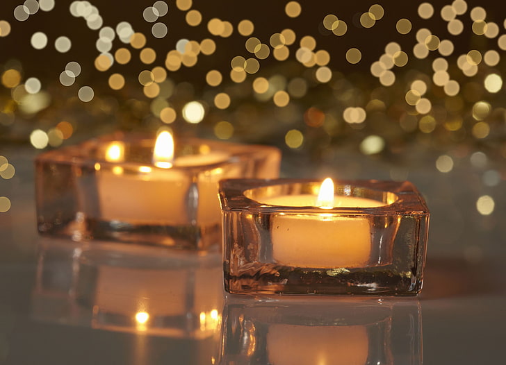 two clear glass candle holders, reflection, background, Wallpaper, blur, different, widescreen, bokeh, candle, full screen, HD wallpapers, candle. fire, HD wallpaper