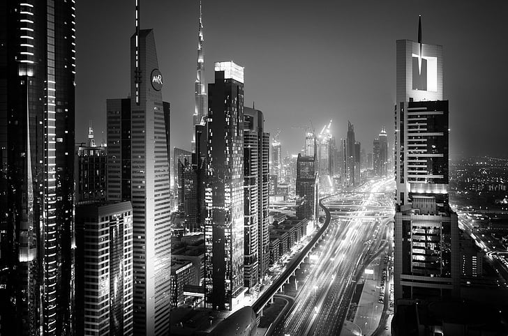 Cities, Dubai, Black & White, Building, City, Light, Monochrome, Night, Skyscraper, HD wallpaper