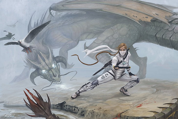 Hombre sujetando katana delante de la ilustración del dragón, fantasía, dragón, espada, guerrero, mujer, Fondo de pantalla HD