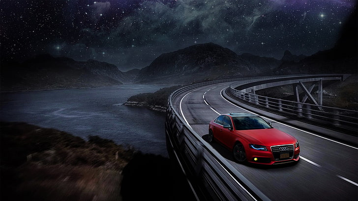 red Audi vehicle, Audi, Audi A4, Audi B8, red cars, car, mountains, starry night, road, sports car, matte paint, matte red, space, nebula, water, bridge, HD wallpaper