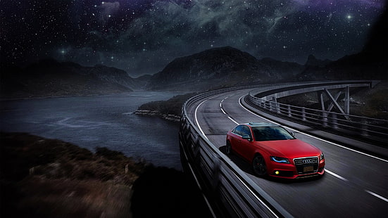 red Audi vehicle, Audi, Audi A4, Audi B8, red cars, car, mountains, starry night, road, sports car, matte paint, matte red, space, nebula, water, bridge, HD wallpaper HD wallpaper