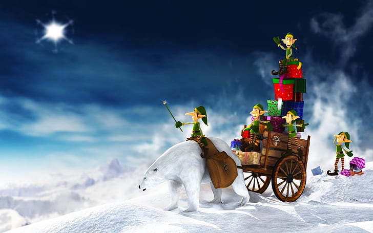 2011 Christmas Elfs Gifts HD, dwarfs and polar beart illustration, christmas, 2011, gifts, elfs, HD wallpaper