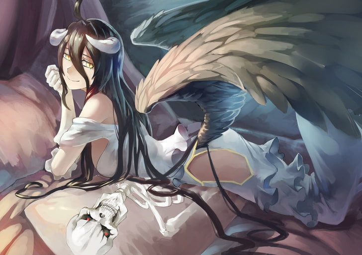 anime, chicas anime, Albedo (OverLord), alas, ojos amarillos, cama, chica de fantasía, Overlord (anime), Fondo de pantalla HD