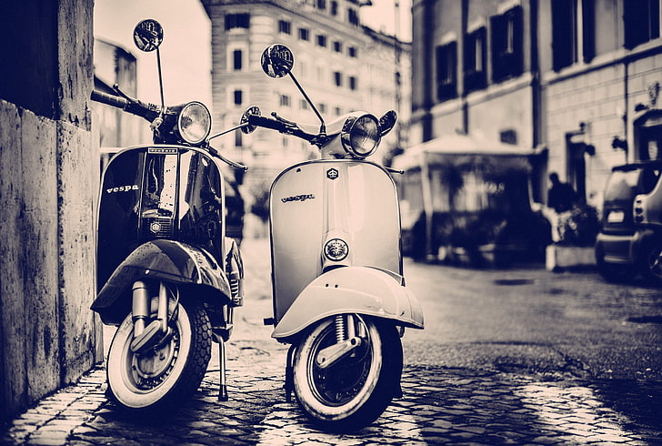 white and black motor scooters, the city, street, building, home, Vespa, scooters, HD wallpaper