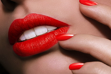 червени устни на жена, момиче, лице, зъби, уста, червило, устни, пръсти, нокти, маникюр, HD тапет HD wallpaper