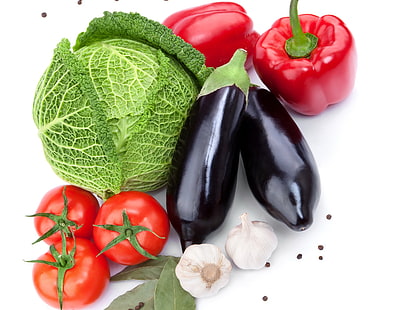 Knoblauch, Paprika, Tomaten und Auberginen, Auberginen, Paprika, Kohl, Tomaten, HD-Hintergrundbild HD wallpaper