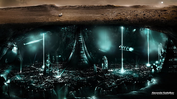 scena filmowa, Mars, kosmos, science fiction, miasto, światła, podzielony widok, Alexander Koshelkov, Tapety HD
