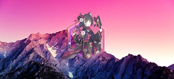 картинка в картинке, вершина горы, солнечный свет, закат, Kyaru (Princess Connect), горы, небо, фиолетовый, HD обои