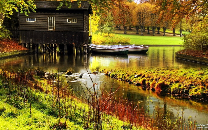 บ้านไม้สีน้ำตาลและเรือสีขาวสามลำ, ฤดูใบไม้ร่วง, ป่า, ต้นไม้, ธรรมชาติ, แม่น้ำ, รูปภาพ, บ้าน, วอลล์เปเปอร์ HD