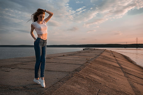 jeans, fitness model, pants, sneakers, windy, belly, women outdoors, redhead, women, Dmitry Shulgin, HD wallpaper HD wallpaper
