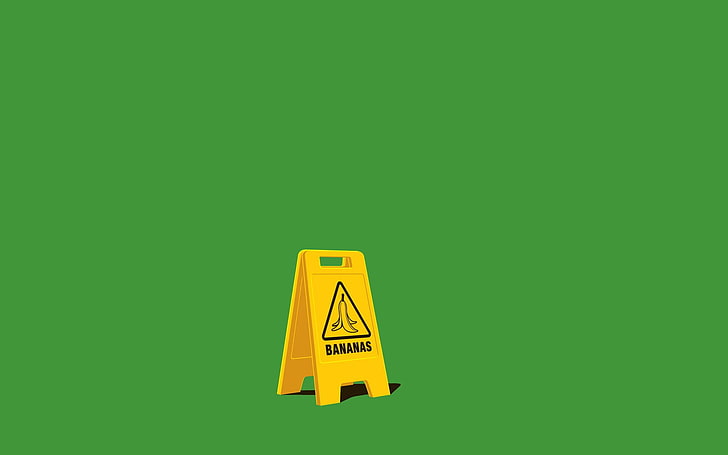 sinalização de aviso amarelo, simples, minimalismo, bananas, sinais de alerta, verde, fundo verde, fundo simples, HD papel de parede