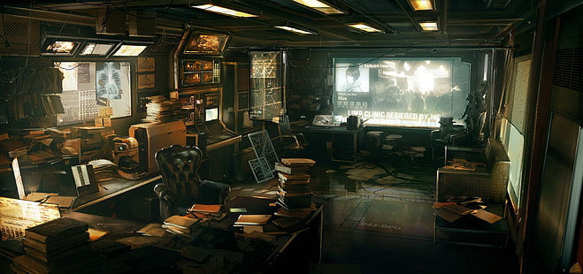 schwarzer Ledersessel, Cyberpunk, futuristisch, Deus Ex: Human Revolution, Konzeptkunst, Videospiele, HD-Hintergrundbild HD wallpaper