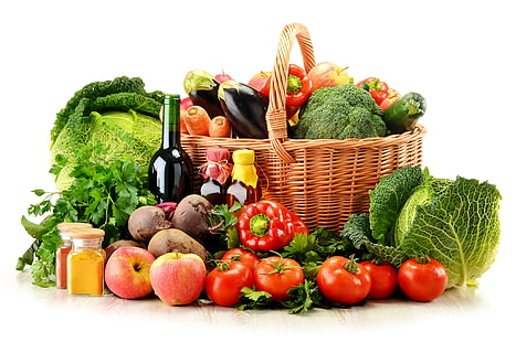 разнообразные фрукты и овощи, овощи, фрукты, натюрморт, еда, HD обои HD wallpaper