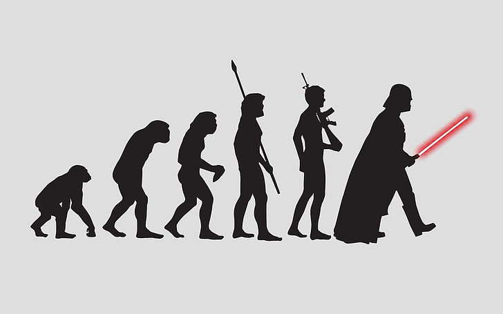 スターウォーズの人間進化の図、スターウォーズ、サイエンスフィクション、ダースベイダー、進化、アートワーク、ユーモア、ミニマリズム、 HDデスクトップの壁紙