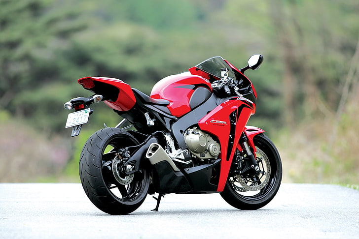 red and black sports bike, motorcycle, red, rear view, bike, Honda, exhaust pipe, cbr1000rr, HD wallpaper