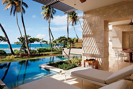 The best hotel pools 2017, travel, Ritz-Carlton Reserve, palms, resort, Dorado, vacation, sunbed, Puerto Rico, pool, tourism, HD wallpaper HD wallpaper