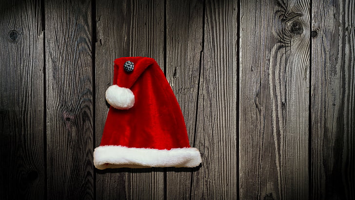 red Santa Hat on gray wooden wall, Christmas, New Year, cap, 4k, HD wallpaper