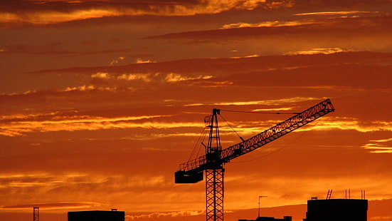 black tower crane, crane, sunset, sky, HD wallpaper HD wallpaper