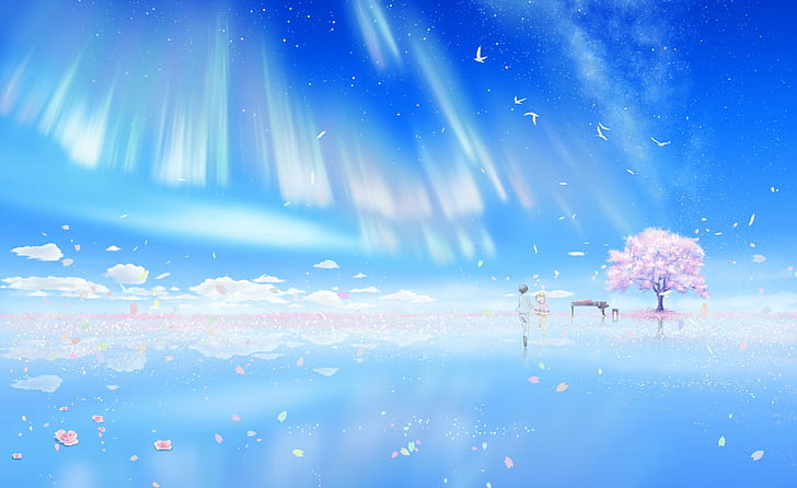 Arima Kousei, Shigatsu wa Kimi no Uso, nubes, pájaros, Miyazono Kaori, flor de cerezo, piano, Fondo de pantalla HD