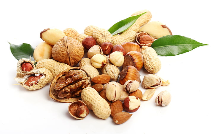 assorted-varieties nut lot, nuts, almonds, hazelnuts, peanuts, pistachios, walnut, HD wallpaper